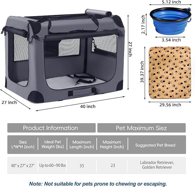 Petprsco 40 Inch Collapsible Dog Crate, Portable Dog Crates for Large Dogs, XL Dog Crate for Travel, 3 Door Soft Dog Kennel with Durable Mesh Windows Indoor & Outside