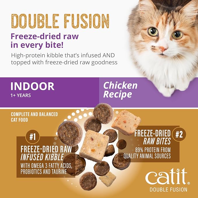 Catit Recipes Double Fusion Indoor Cat Food – Chicken Recipe, High-Protein, Freeze-Dried Raw Toppings, No by-Products, Minimally Processed, Balanced Nutrition for Indoor Cats, 10 lb