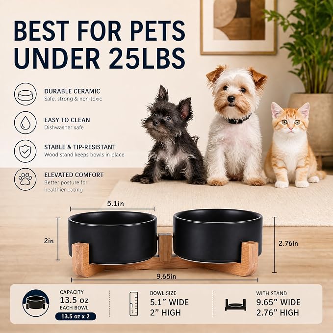 Petygooing Ceramic Dog Cat Bowls Set with Stand,Black Pet Food and Water Bowl,Small Dog Bowls Cute Modern Anti Slip Set of 2 Pet Feeder Small Size Pet Dish(13.5OZ/5.1 in)
