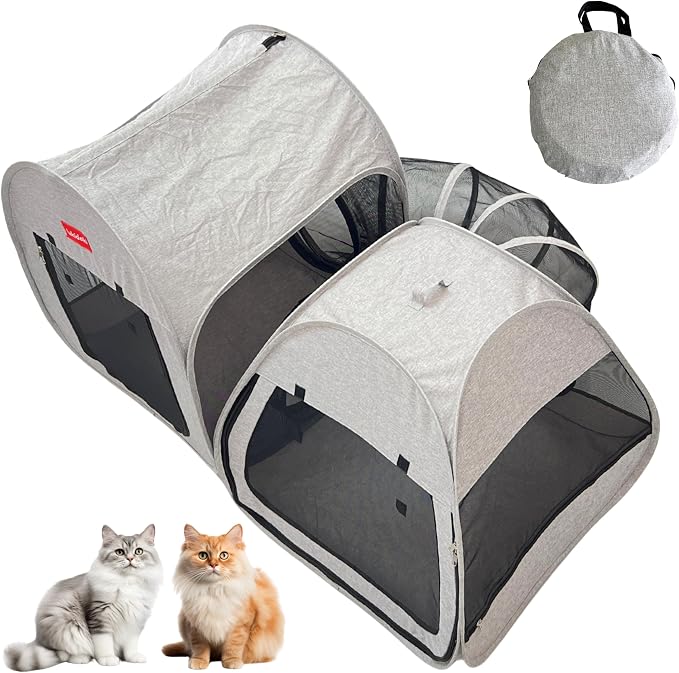 Portable 3-in-1 Cat Playpen, Outdoor Pop-up 2-Room Pet Playpen with Tunnel, Foldable Cat Dog Crate Play Enclosure with Separate Areas for Puppy Kitten and Small Animals Indoor Travel