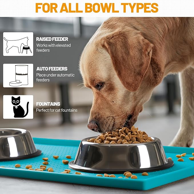 Hubulk Dog Feeding Mat,100% Waterproof BPA Free Silicone Pet Food and Water Bowl Placemat,Dishwasher, High Raised Edge to Prevent Spills,Nonslip Tray to Stop Messes on Floor (19"x12"x0.5", Teal)