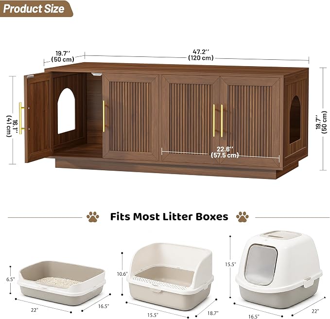 Fluted Cat Litter Box Enclosure, 47.2" Large Double Hidden Litter Box Furniture Cabinet for 2 Cats, Indoor Cat House, Modern End Table for Living Room, Entryway, Bedroom, Walnut