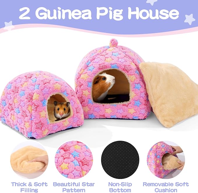 MABOZOO 3 Pack Guinea Pig House Accessories, 2 Cozy Guinea Pig Bed and Hideout Tunnel, Chinchillas Hideout for Hamster, Rabbit, Bunny, Chinchillas (Pink, L)