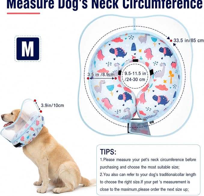 Inflatable Dog Cone Collar for Large Medium Small Dogs, Soft Dog Donut Collar Adjustable Recovery Cone for Pets After Surgery, Extra Enhanced Anti-Licking Guard Shield (Dinosaur, Medium)