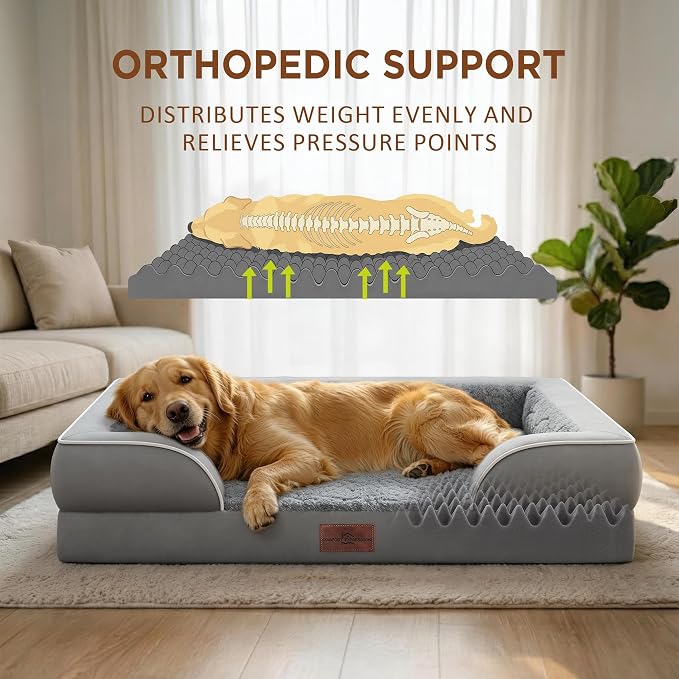 Comfort Expression Orthopedic Dog Bed for Large Dogs 36x27 Inch, Waterproof Supportive Egg Crate Foam Large Pet Bed with Removable Bolsters, Dog Couch with Washable Cover & Non-Slip Bottom, Grey