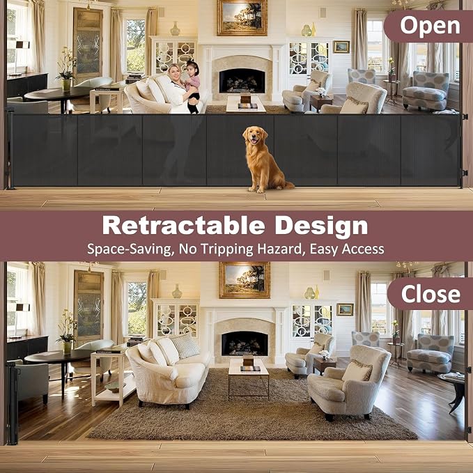 Reinforced 41" Extra Tall Pet Gate, 200" Retractable Baby Gates Extra Wide Retractable Dog Gate with Support Rods, Indoor Extra Long Baby Gate Retractable Fence Outdoor Garage Gates for Dogs, Black
