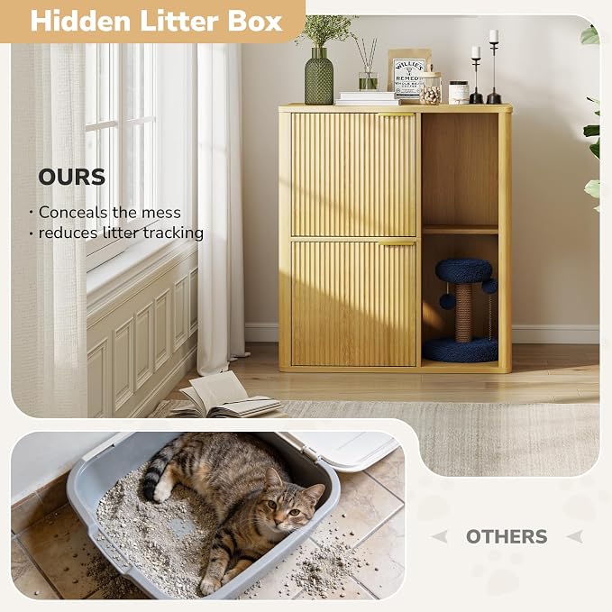 Rovibek Double Cat Litter Box Enclosure Furniture, Fluted Hidden Litter Box Enclosure for 2 Cats with Double Room, Mid Century Dual Cat Litter Cabinet with Scratching Post, Dangling Ball, Natural