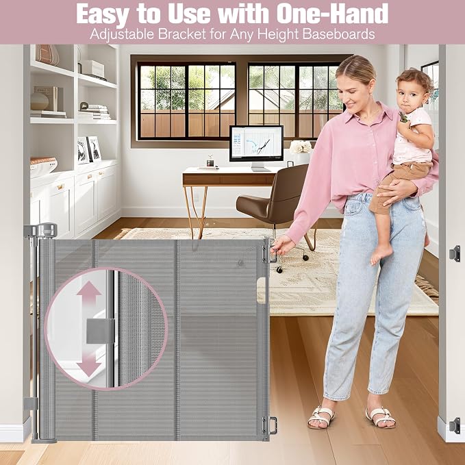 56" Wide Retractable Baby Gates for Stairs with Reinforced Strip, Baby Gate Retractable Pet Gate for Stairs to Prevent Crawling Through, Retractable Gates for Kids or Pets, Mesh Dog Gate Indoor, Gray