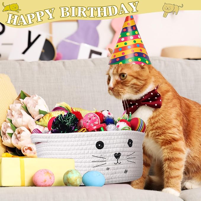 Zopeal 58 Pcs Summer Graduation Cat Storage Basket Gift Toys Set, Colorful Flashing Balls Pet Bell Crinkle Balls Spring Toys Attract Cat to Swat, Hunt, Interactive for Pet(White,9.8 Inch)