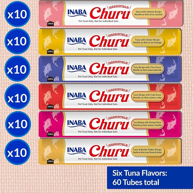 INABA Churu Cat Treats, Lickable, Squeezable Creamy Purée Cat Treat with Green Tea Extract & Taurine, 0.5 Ounces Each Tube, 60 Tubes, Tuna Variety Box