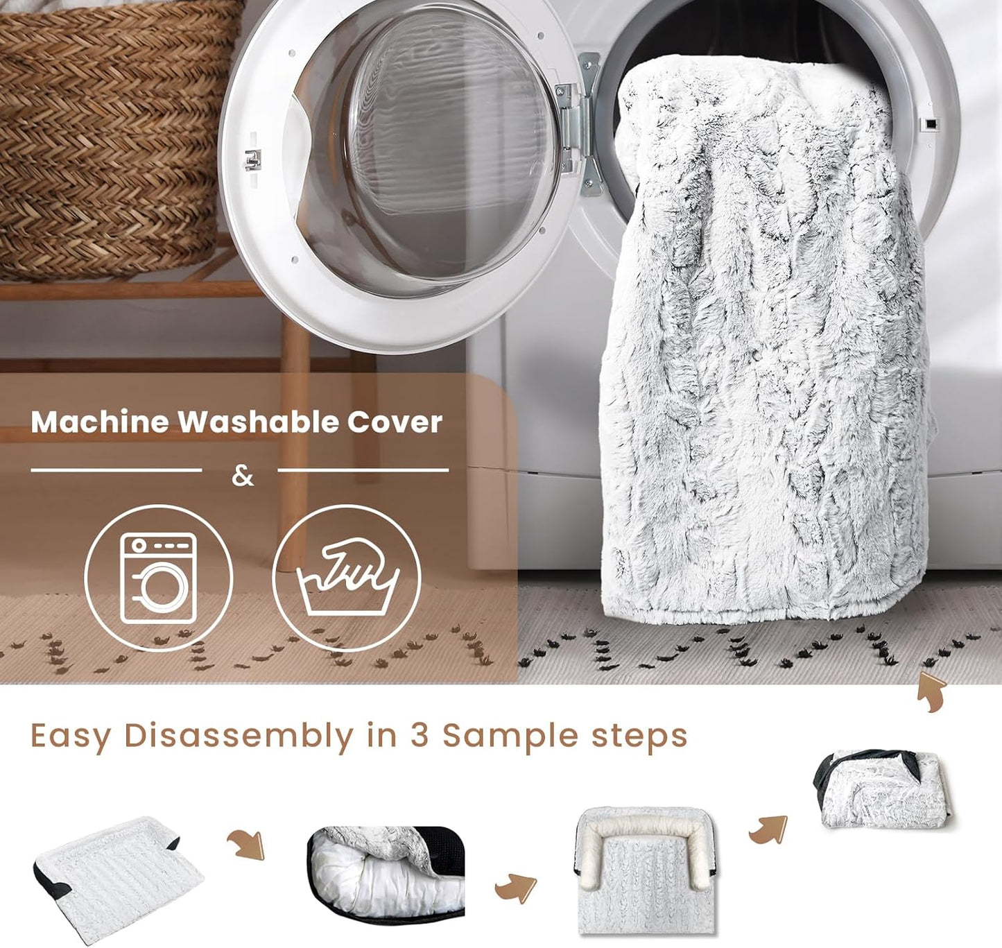 Calming Extra Large Dog Couch Bed, 45 x 37 inch Waterproof Memory Foam Dog Bed for Couch, Durable Fluffy Fuzzy Dog Bed Mats with Washable Removable Cover Protector for Sofa, Bedside - Grey