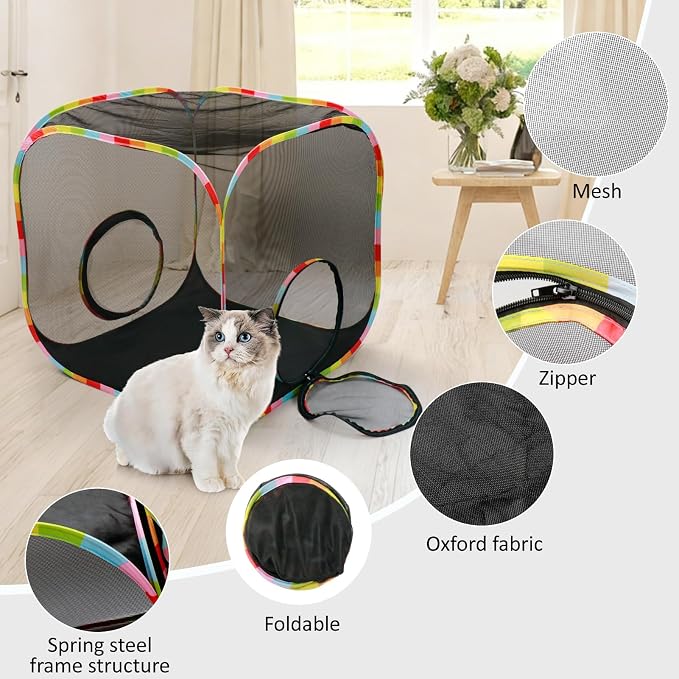 Portable Large Pop-Up Cat Play Cube, Mesh Escape-Proof Cat Enclosure for Indoor Outdoor, Collapsible Cat Playpen for Camping Travel, Ideal for Kittens and Small Pets