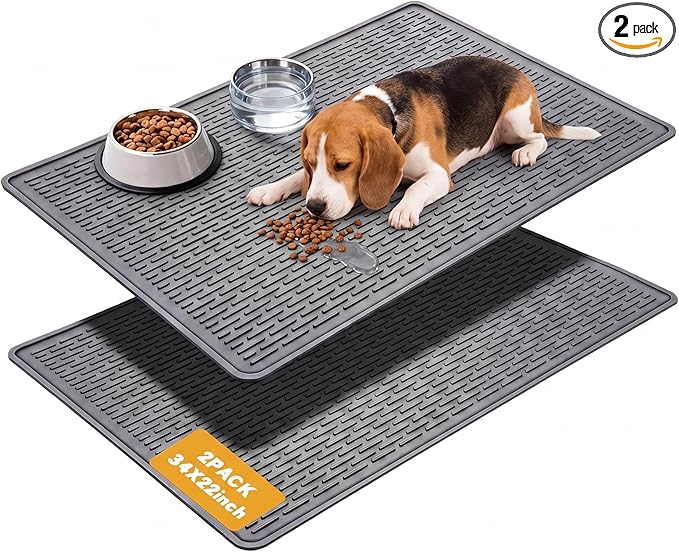 2 Pcs 34" x 22" Large Silicone Dog Food Mats Waterproof Dogs & Cat Bowl Mat with Raised Edge, Washable Nonslip Pet Feeding Mat for Multi-pet Homes Floor Protector, Washable, Grey