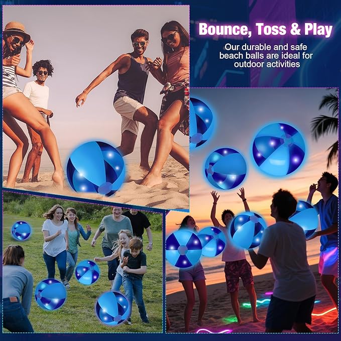 MiniInflat 12 Pcs Light up Beach Balls 16'' Jumbo Pool LED Balls Glow in the Dark Neon Giant Inflatable for Summer Hawaiian Tropical Theme Beach Party Decor Water Accessory (Blue)