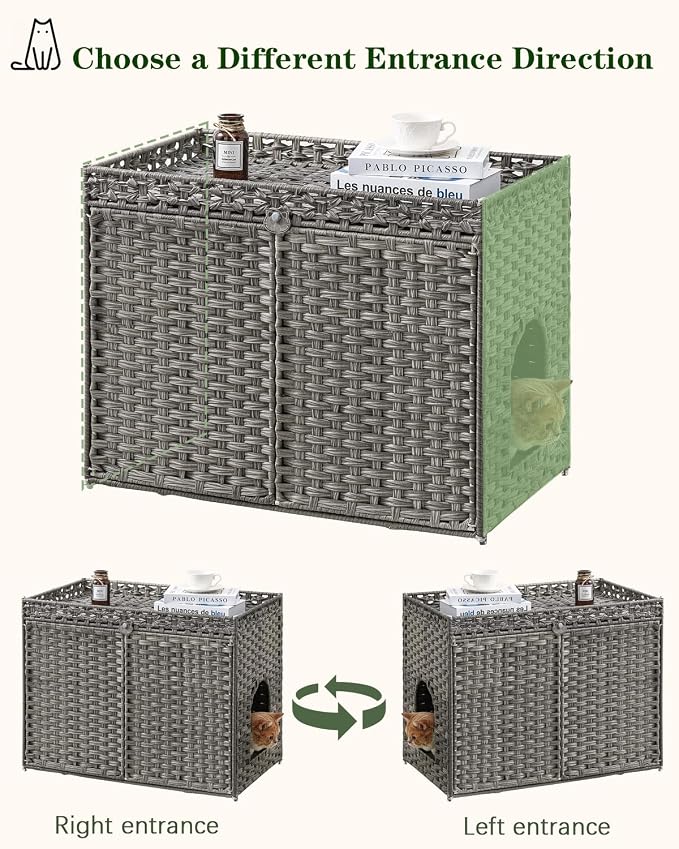 SETVSON Cat Litter Box Enclosure Furniture, Handwoven Rattan Hidden Litter Box with Mat, Large Space Cat House with 2 S-Shaped Hooks 30.3 x 18.3 x 24.4 Inches, Indoor for Living Room Apartment Gray