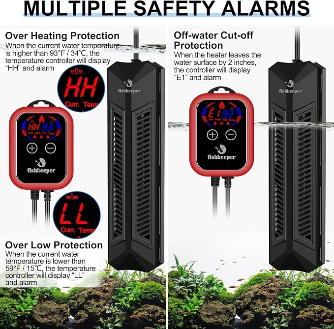 fishkeeper Aquarium Heater, 800 W Adjustable Fish Tank Heater with Digital Display Controller, Submersible Water Heater with Thermostat Over-Temperature Protection for Saltwater Freshwater 80-220 Gal