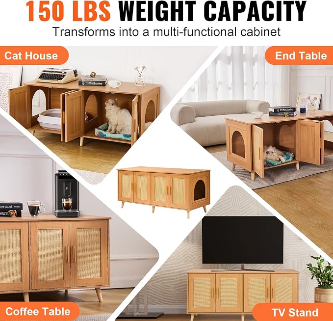 VEVOR Cat Litter Box Enclosure for 2 Cats, Litter Box Furniture Hidden with Double Rooms, Wooden Cat Box Cabinet Fit Most of Litter Box
