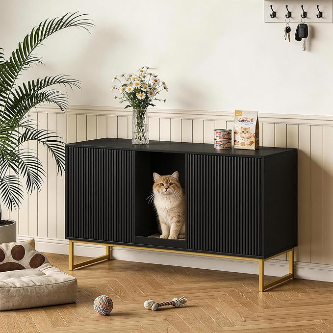 Kitty Litter Box Enclosure for 2 Cats, Small Hidden Cat Litter Box Furniture with Scratch Pad, Modern Fluted Double Litterbox Cabinet TV Stand for Kittens, Black