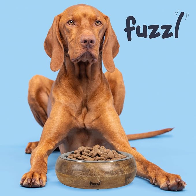 Fuzzl Titan Mango Wood & Stainless Steel Bowl 9.5 Inch Large - Natural Dog Bowl for Indoors and Outdoors with Rubber Base