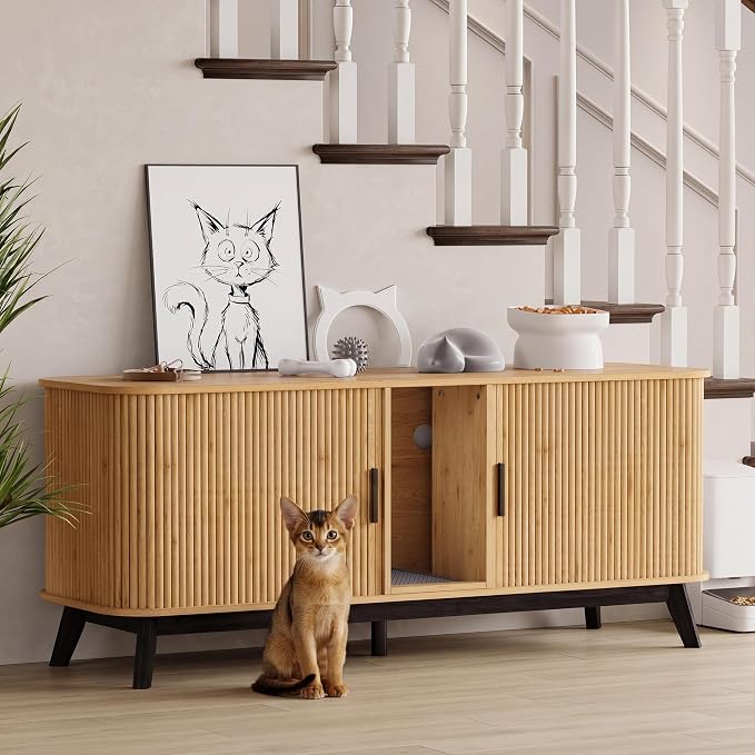 Garvee Cat Litter Box Enclosure for 2 Cats, 59" Hidden Litter Boxes Furniture with Sliding Door and Cat Litter Mat, Large Indoor Pet House, Wooden TV Stand Side Table, Natural Wood Color