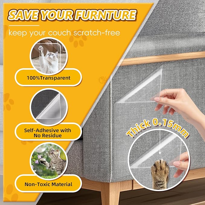 Anti Cat Scratch Furniture Protector, 12 Pcs Self-Adhesive Couch Protector for Cat Claws, Heavy Duty Couch Cover Furniture Protectors from Cats Scratching Tape for Sofa, Corner, Door, Chair