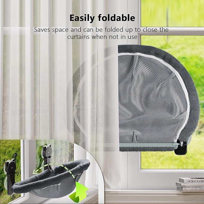 JUNSPOW Cat Window Perch Cordless, Foldable & Stable Cat Beds- Breathable Cat Window Hammock for Overlooking, Sunbathing and Climbing - Maximum Hold Up to 40lb