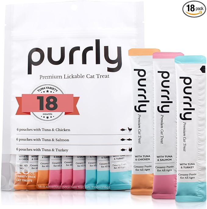 Purrly Cat Treat Snack Wet Lickable Low Calorie Healthy Grain-Free Tuna Variety Packs (18 Count) Squeezable Creamy Purée with Human-Grade Proteins and Functional Nutrients No-Artificial-Additives