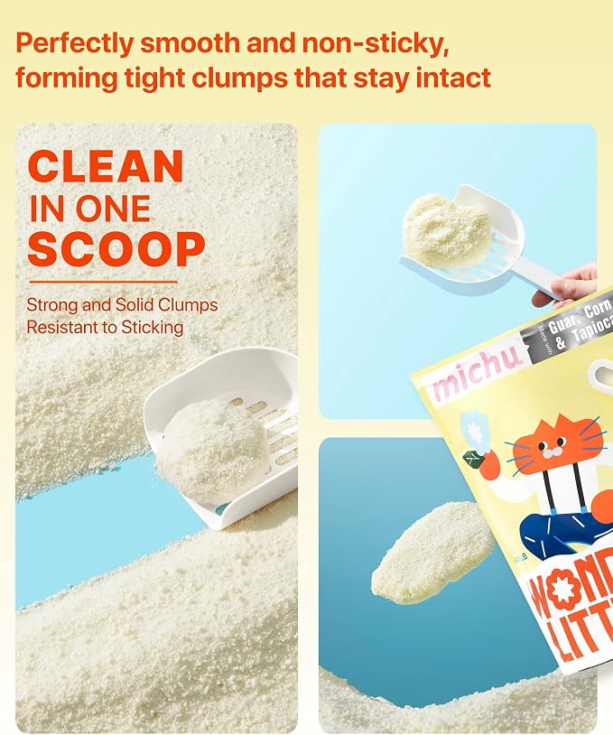 Michu Wonder Cat Litter, Cassava Plant-Based Cat Litter, Automatic Litter Box Friendly, Flushable & Fast Clumping, Low Dust Odor Control, 5.5lb/88oz - Unscented 8 Pack