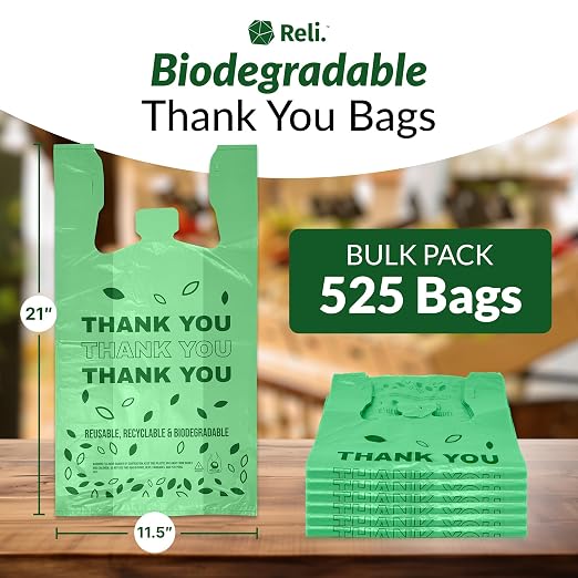 Reli. Biodegradable Thank You Bags | 525 Count (11.5" x 6.5" x 21") | Green Plastic Bags with Handles | Ideal for Grocery, Shopping, Food Take Out, Small Business | Oxo-Biodegradable Plastic