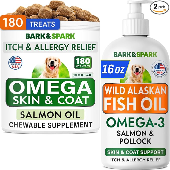 BARK&SPARK Omega 3 + Fish Oil for Dogs - Skin Allergy Chews, Itch Relief, Hot Spots Treatment - Fish Oil Liquid Supplement for Pets, EPA+DHA Fatty Acids, Skin & Coat Support - Bundle: 180 Ct + 16 Oz