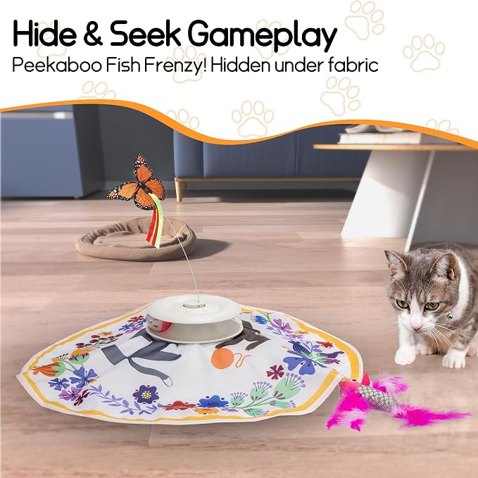 4-in-1 Interactive Cat Toy ，Auto Flutter Toy,Sensor Automatic Hide & Seek, USB Rechargeable 6 Modes for Indoor Cats Exercise Boredom Relief, Multi-Color Options