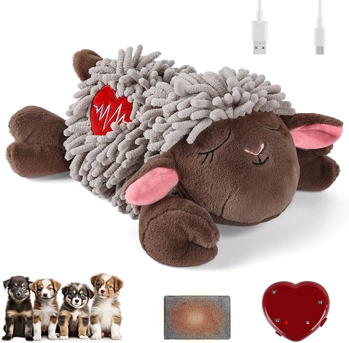 ALL FOR PAWS Heartbeat Dog Toy, Puppy Sleeping Buddy Cuddle Toy, Dog Soothing Plush Toy with Warm Bag, Crate Training Puppy Stuffed Animal Gift Toys, Heartbeat Box with USB Charging