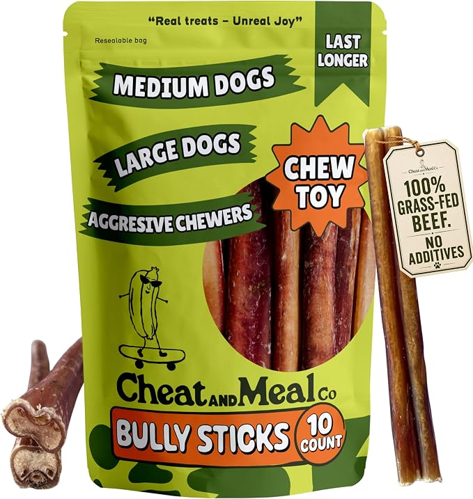 Bully Sticks for Medium & Large Dogs - Chew Toys for Aggressive Chewers, Standard 6 Inch (10 Count), Long Lasting, 100% Grass-Fed, Single Ingredient, Rawhide-Free, Free Range