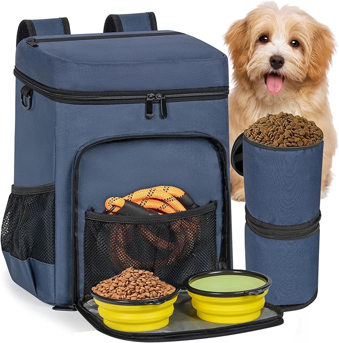 ANILD Dog Travel Bag Backpack, Flight-Ready TSA-Approved Dog Travel Bag with 2 Leak-Proof Food Canisters, 2 Foldable Silicone Bowls, Multi-Compartment Organizer for Hiking, Camping, Dog Mom Essentials