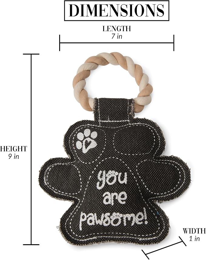 Pavilion Gift Company Gray Paw Print You are Pawsome! Canvas and Rope Dog Squeaky Toy