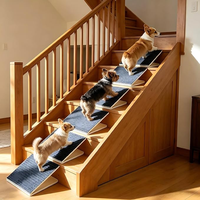 Dog Ramp for Stairs, 6 Pack Foldable Anti-Slip Stair Ramp for Small Dogs, Wooden Pet Steps for Senior, Adjustable Low-Angle Dog Stair