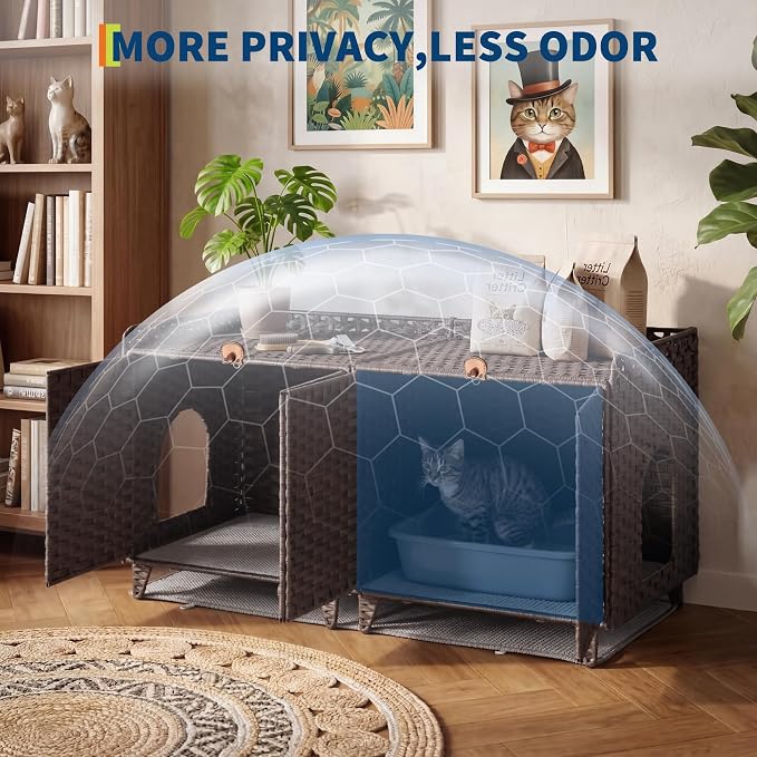 Rattan Litter Box Enclosure Double Room Cat Hidden Litterbox Furniture with Removable Litter Mat & 2 Hooks, Natural Cat House End Table, Easy Assembly, 47.2" l x 19.7" w x 23.6" h Brown