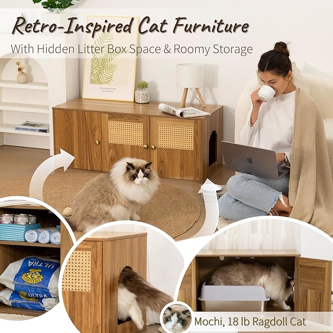 Cat Litter Box Enclosure Furniture with Storage, Hidden Litter Box Cabinet 42.5"L x 18.5"W x 16.9"H, Double as Cat House TV Stand End Table for Living Room, Midcentury Modern Style (Oak, Rattan Doors)