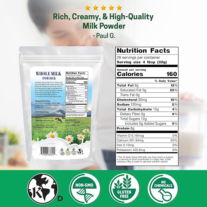 Z Natural Foods Premium Whole Milk Powder - Powdered Milk for Baking, Cooking, Drinks - Dry Milk Powder, Pasteurized, Non-GMO, Gluten-Free, Kosher-Certified, 2 lbs