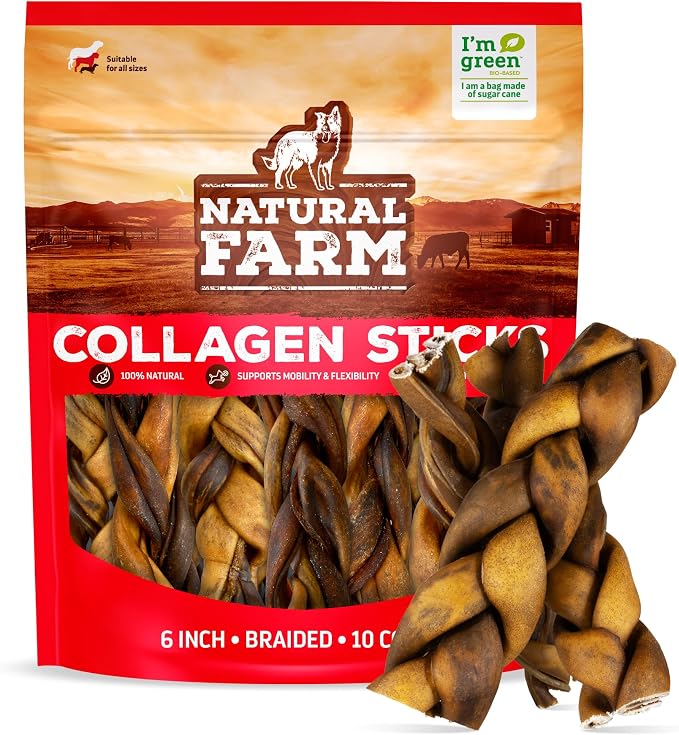 Natural Farm Braided Collagen Chews for Dogs (6 Inch, 10 Pack), Collagen Sticks, Natural Dog Chews, Long Lasting, for Small, Medium and Large Dogs, Odor-Free, Rawhide Alternative
