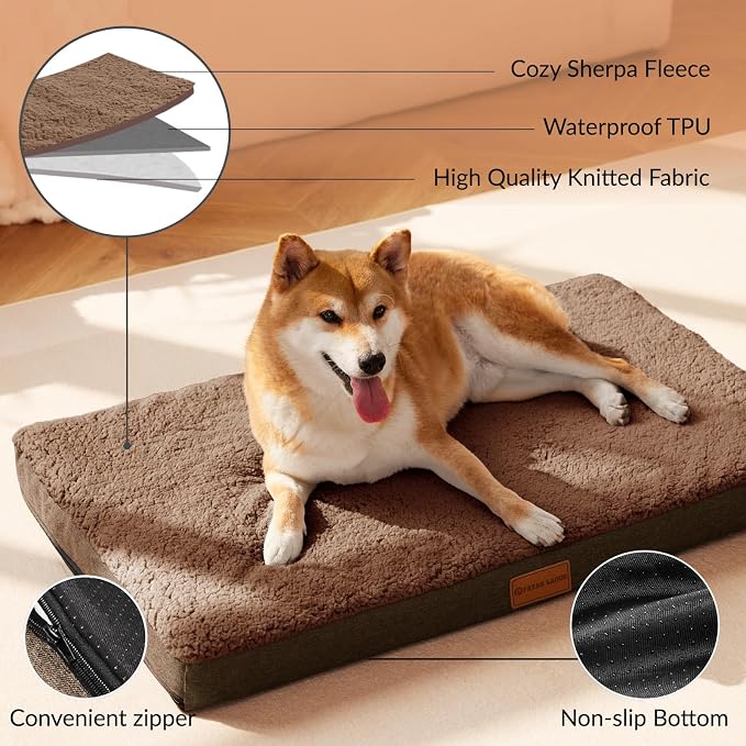 Patas Lague Orthopedic Jumbo Dog Bed for Large Sized Dog 56''X40'', Soft Waterproof Egg Crate Foam Large Pet Crate Beds Mat with Removable Washable Cover and Non-Slip Bottom, Brown