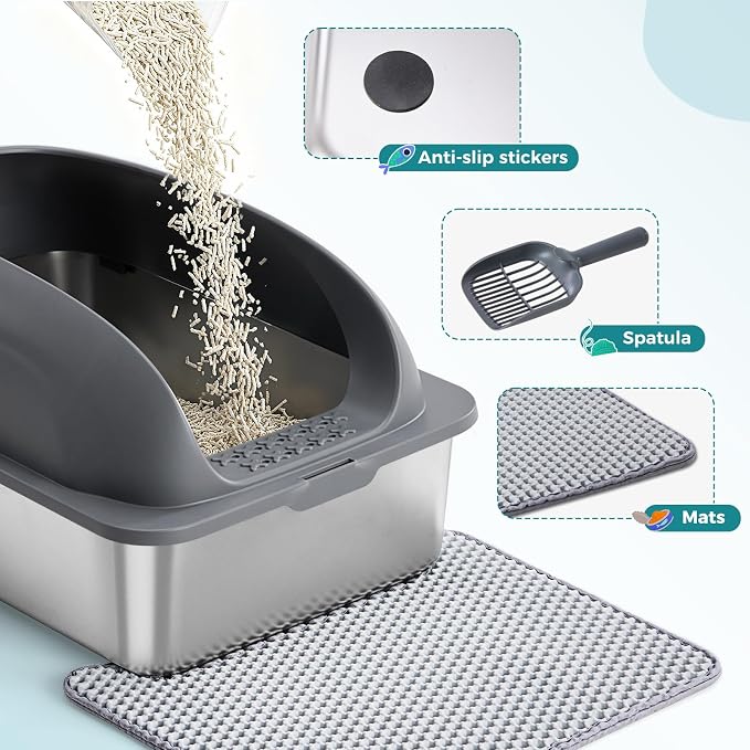 OLIXIS Stainless Steel Cat Litter Box with Lid, Large Cat Litter Box for Big Cats, High Wall Sides, Anti-Urine Leakage, Easy Cleaning, Scoop and Mat Included, Easy Cleaning, Dark Gray