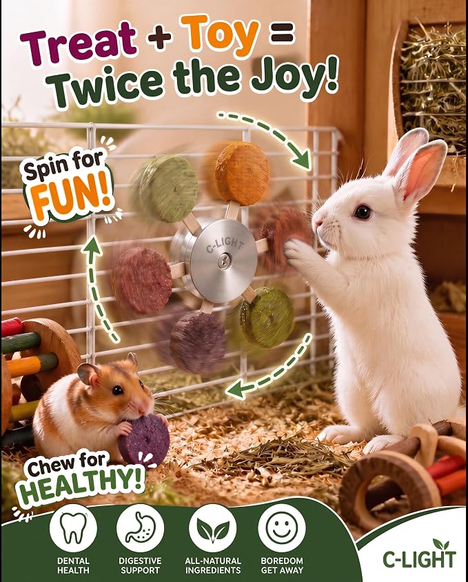 C-LIGHT Guinea Pig Chew Toys, Rotating Spinner + 8 Pcs Timothy Hay Rabbit Chew for Teeth Grind & Digestion, Rust-Proof Aluminum Toy, for Rabbit, Bunny, Chinchilla, Hamster Dental Health (Sliver)