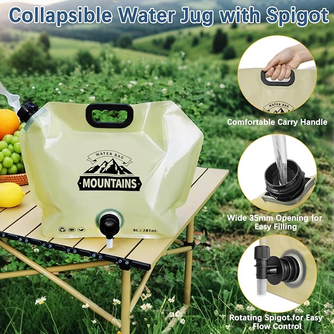 Water Jug Camping 2.1 Gallon Collapsible with Spigot, BPA Free Portable Water Pouch Foldable Water Bags for Outdoor Hiking, Travel and Emergency & Water Storage Containers (Beige-3Pcs)