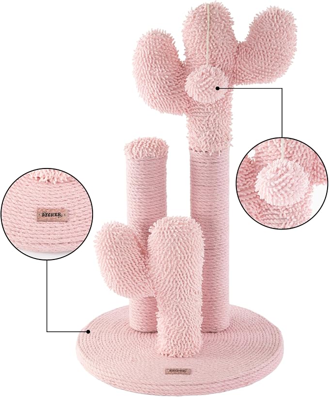Marfa 21.5" Modern Triple Cactus Cat Scratching Post with Fuzzy Toy, Natural Jute Rope Scratcher with Weighted Non-Slip Base, Pink CTR1008C