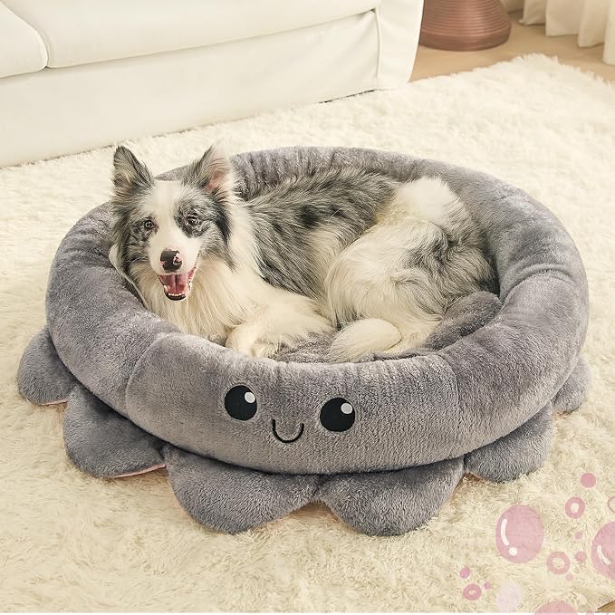Jiupety Cute Calming Dog Beds Clearance for Large and Extra Dogs, Anxiety Bolster Dog Bed with Octopus Shape, Grey, XL, Boho, Round Pet Bed Cat with Removable Cushion