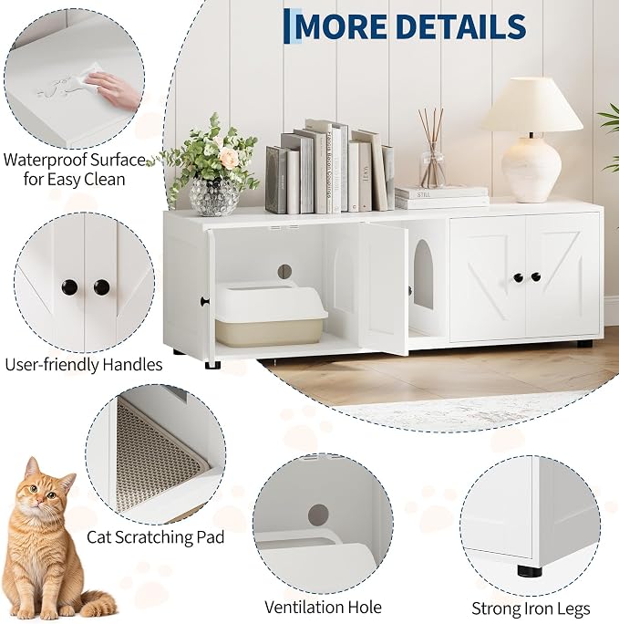 Garvee Cat Litter Box Enclosure for 2 Cats, Hidden Litter Box Furniture Cabinet with Double Room, Double Cat Litter Box Enclosure, Indoor Cat House, 43.4 x 18.1 x 17.7 Inches