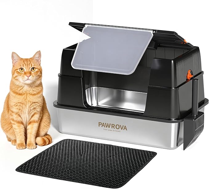304 Stainless Steel Litter Box with Flip-Up Lid, Easy to Clean Enclosed Cat Litter Box for Big Cats, High Sides for Anti-Urine Spray & Odor Control, Includes Scoop and Mat