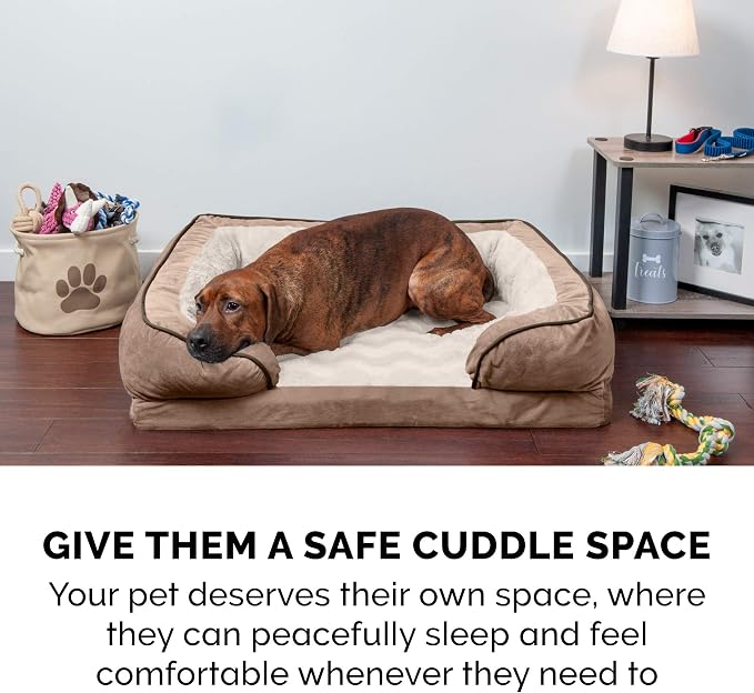 Furhaven Orthopedic Dog Bed for Large/Medium Dogs w/ Removable Bolsters & Washable Cover, For Dogs Up to 55 lbs - Plush & Velvet Waves Perfect Comfort Sofa - Brownstone, Large