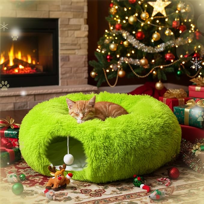 Thyle Christmas Cat Tunnel Bed Under Christmas Tree for Indoor Cats Xmas Pet Donut Tunnel with Cushion Foldable Round Pet Toy for Small Animals Kitten(3ft X 3ft X 9.8in,Green,Plush)